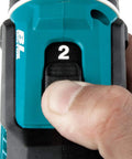 Close-up of Beast 18V Brushless 1/2 Inch Driver Drill Cordless Kit speed setting being adjusted to 2 by a thumb.