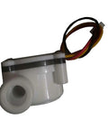 Three Eighths Inch BSPT Hall Effect Water Flow Sensor Flowmeter, white, wires, food grade plastic, side view, perfect for home appliances.