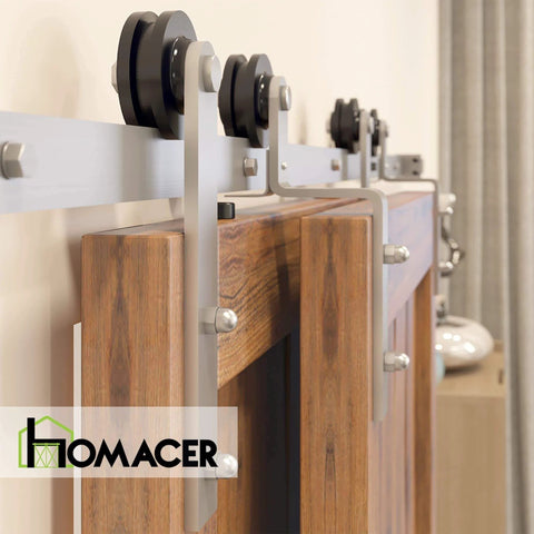 Brushed Nickel Single Track Bypass Sliding Barn Door Hardware Kit For Double Doors With 10ft Flat Track And Straight Design Rollers