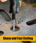 Pro Grade Tungsten Carbide Cutter For Die Grinder in action drilling metal surface, 1/8 inch shank, durable grinding tool 2 pieces