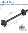 Steering head bearing race installer tool for Harley-Davidson big twin; side view, black steel rod with threaded ends and cup.