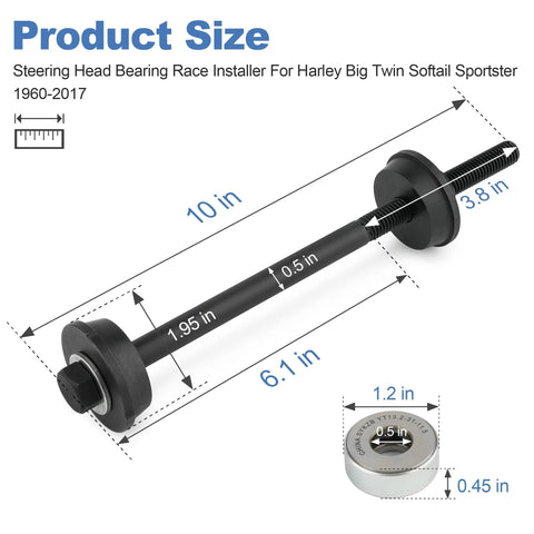 Steering head bearing race installer tool for Harley-Davidson big twin; side view, black steel rod with threaded ends and cup.