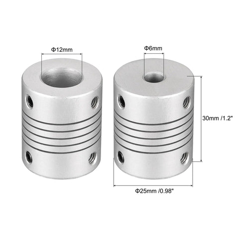 Aluminum Shaft Coupling 12mm To 6mm Flexible Spring Joint For Small Torque Motors L30xD25 Zero Backlash One Piece Metal Coupler, 30mm
