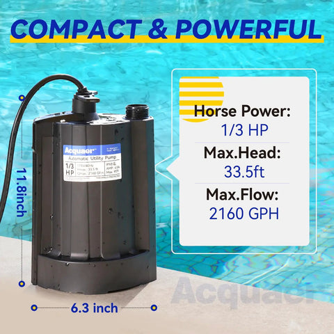 1/3 HP Submersible Water Pump 115V Auto On Off Sensor, 2160 GPH High Flow Sump Pump For Pool Cover, Hot Tubs, And Basement Floods