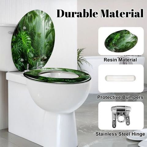Round Tropical Rainforest Stream Dense Green Jungle Misty Toilet Seat with resin material and stainless steel hinge in bathroom setting.