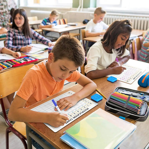 Children using 10 Pack Dry Erase Multiplication Boards 9 By 12 Inch Double Sided Whiteboards Classroom Ready For Times Tables Math Practice