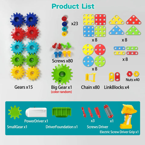 Gears Building Kit For Kids Aged Four To Eight STEM Educational Construction Set With Electric Drill 280 Piece Hands On Engineering Toy For Boys And Girls