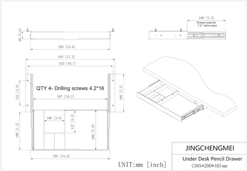 Technical drawing of Under Desk Slide Out Pencil Drawer For Office, 15 Inch Wide Black Storage Organizer With Ball Bearing Slides