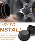 Dexter Vortex hub dust caps with O-ring; 2-pack black threaded replacement caps for trailer hubs.