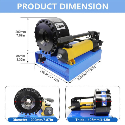 Heavy Duty Manual Hydraulic Hose Crimper With Seven Precision Dies And Built In Pressure Gauge Thirty Five Mpa Pump Delivers One Thousand Kn Of Force For Securing AC Lines And Fuel Hoses Without Dropping A Sweat Solid Gear For The Daily Grind dimensions illustration showing crimper size and features.