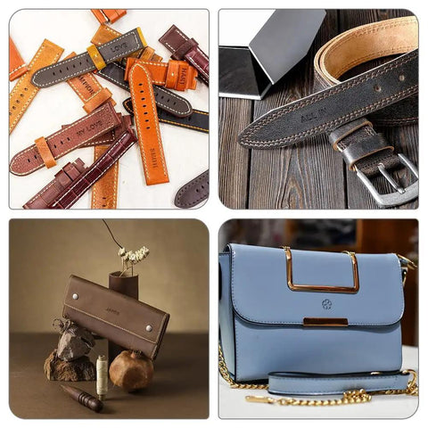 Collage of leather stamping projects: watch straps, belts, wallets, and bags, showcasing DIY leather working with stamping tools.