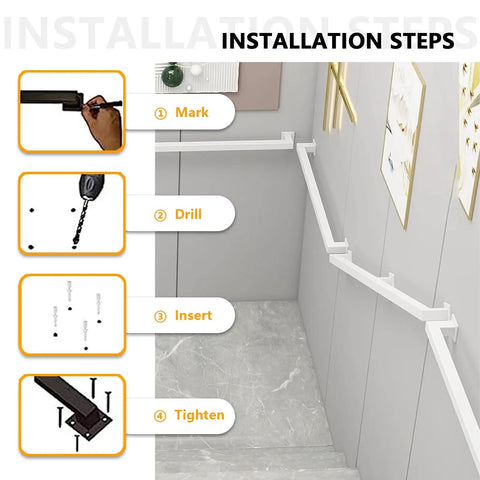 Installation steps for Rock Solid Eight Point Two Foot Modern Wrought Iron Grab Rail With Heavy Duty Wall Mount Brackets.