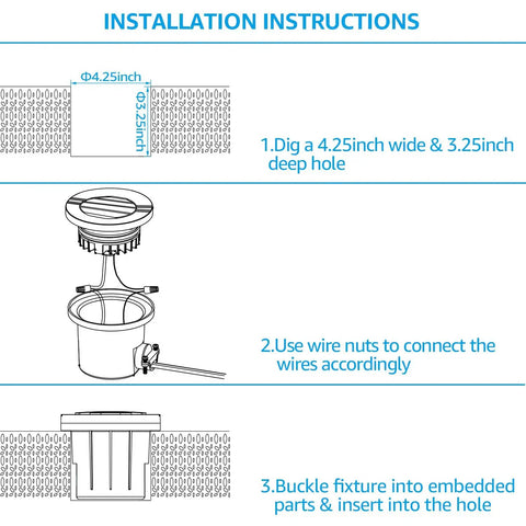 Installation instructions for 4 Inch Diameter In Ground Well Lights With Grated Top 3000K Warm White Lighting For Landscaping 12 To 24 Volt AC And DC CRI90 Low Voltage Garden Lamps In Solid Oil Rubbed Bronze Aluminum Housing Pack Of Six