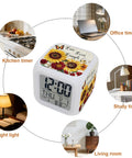 Total Game Changer Farmhouse Sunflower Butterfly Digital Cube Clock With Led Time Date Temp Readout Zero Ticking Silent Alarm Nightlight Snooze For Bedroom Desk Super Solid Choice Truly Iconic Piece displayed in a home setting, showcasing its LED display and decorative design.