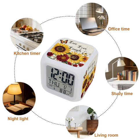 Total Game Changer Farmhouse Sunflower Butterfly Digital Cube Clock With Led Time Date Temp Readout Zero Ticking Silent Alarm Nightlight Snooze For Bedroom Desk Super Solid Choice Truly Iconic Piece displayed in a home setting, showcasing its LED display and decorative design.