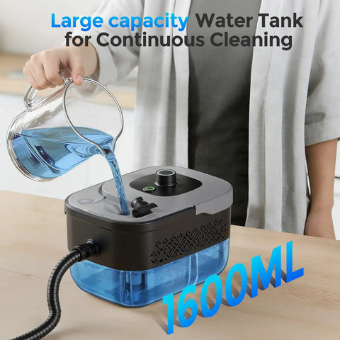 Heavy Duty Handheld Steam Cleaner For Home And Auto, No Fuss Design With Snappy 15 Second Heat Up, Roomy 1600ml Tank being filled with water.