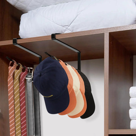 Absolute Knockout Tumbler Lid Organizer That Snaps Right Onto Standard Cups And Keeps Your Counter Dead Clean Without Any Hassle While Holding Ten Sip Lids In Chill Modern Black Design, showcasing hats hanging on black hooks.