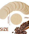 Round 56mm Disposable Coffee Filter Papers 200 Pack for Moka Pots and Drip Makers with coffee beans and size illustration.