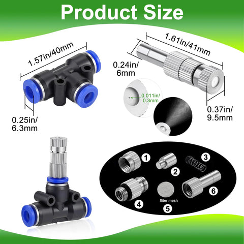 Brass Misting Nozzles Kit 30 Pcs With Filter Mesh 1/4 Inch Tee Fittings 0.012 Inch (0.3mm) Orifice parts and measurements
