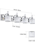 Chrome 4 Light Crystal Vanity Light Over Mirror With Dimmable E26 Sockets Modern Bathroom Lighting Upgrade Your Bath With Crystal Shine Glam Up Your Space Bulbs Not Included, diagram view with measurements 32.3in L x 7.3in W x 7.5in H, detail of single crystal shade dimensions.