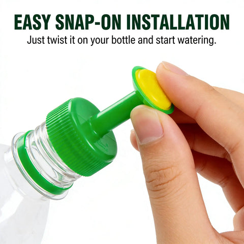 Three Pack Bottle Cap Sprinkler Nozzles For DIY Irrigation Easy Connect Universal Thread Fit being attached to a bottle