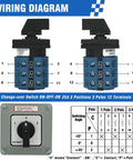 Wiring diagram of 25A Rotary Changeover Switch In Exterior Box For Solar Power System with 3 positions and 3 phase terminals.
