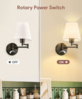 Modern Swing Arm Wall Light Plug In With White Fabric Shade, Black Metal Wall Sconce For Bedroom, Living Room, And Bedside shown on and off