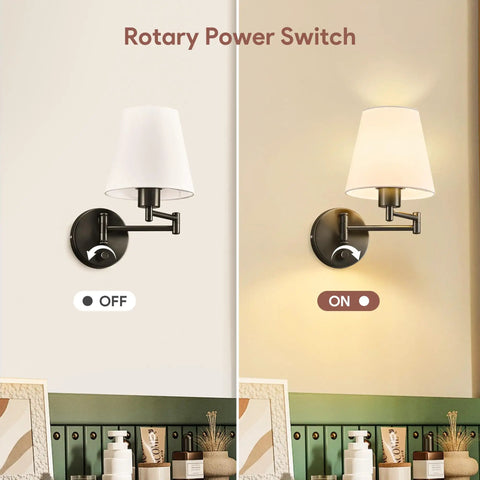 Modern Swing Arm Wall Light Plug In With White Fabric Shade, Black Metal Wall Sconce For Bedroom, Living Room, And Bedside shown on and off
