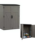 Weatherproof Outdoor Storage Cabinet Vertical Shed with lockable padlock-ready handles, 54 cu ft, resin, garden equipment visible.
