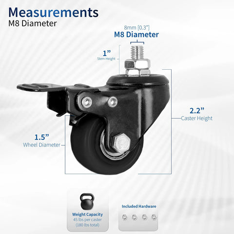 VIVO M8 threaded locking caster wheels, set of 4, black with 1.5-inch rubber wheels and brakes
