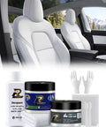 White Leather Recoloring Balm Kit For Tesla Interiors Dope 8-Piece Leather Scratch And Color Restorer displayed with car seats.