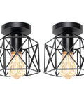 Retro Black Industrial Cage Ceiling Light 2 Pack, Compact Semi Flush Mount Pendant Fixture with E27 base viewed from front.