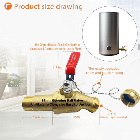 Fast Drain Water Heater Drain Valve Kit With Full Port 3/4 MIP To 3/4 GHT Connection, brass valve, handle, chain, and cap illustration
