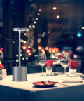 2 Pack Cordless Desk Lamps With 5000mAh Rechargeable Battery, iron grey lamp on restaurant table at night