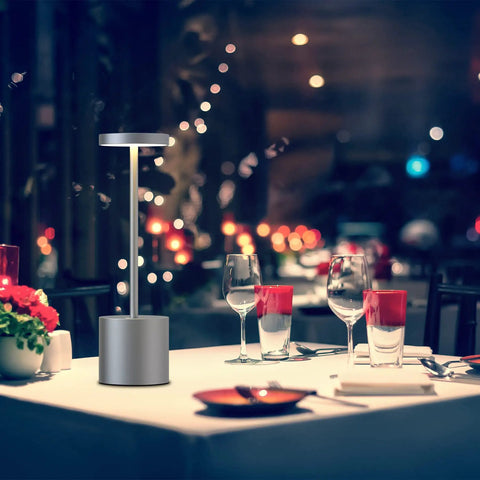 2 Pack Cordless Desk Lamps With 5000mAh Rechargeable Battery, iron grey lamp on restaurant table at night