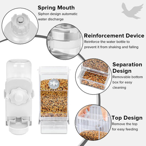 Automatic Bird Feeder And Water Dispenser Set For Cage With No Fuss Seed Catcher using a clear water and seed dispenser design.