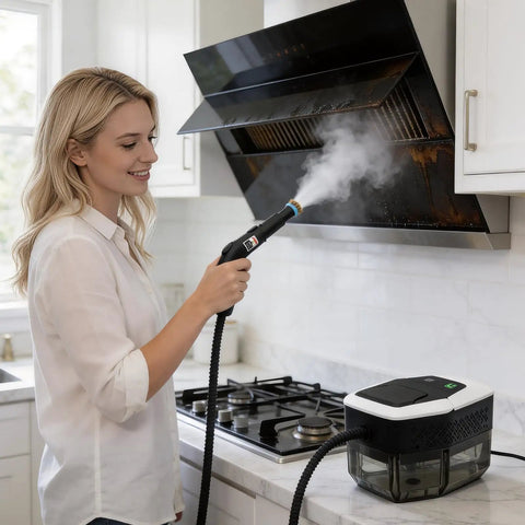 User cleaning kitchen hood with Supercharged Portable Handheld Steam Cleaner With Lightning Fast Fifteen Second Heat Up.