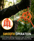 Heavy Duty Nylon Block And Tackle Pulley Set For Backcountry Game Hoisting, orange frictionless pulley in use.