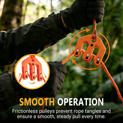 Heavy Duty Nylon Block And Tackle Pulley Set For Backcountry Game Hoisting, orange frictionless pulley in use.