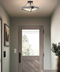 Valencia 16 Inch Three Light Modern Farmhouse Semi Flush Ceiling Light With Textured Glass Shade in entryway setting
