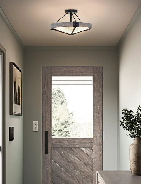 Valencia 16 Inch Three Light Modern Farmhouse Semi Flush Ceiling Light With Textured Glass Shade in entryway setting