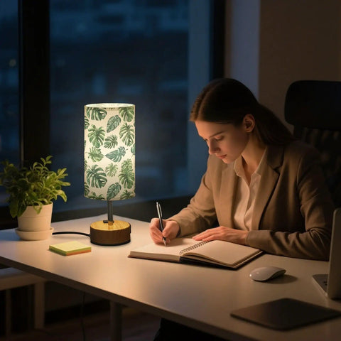 Palm Leaves Watercolor Bedside Table Lamp With 3-Way Dimming And Touch Control, Built-In Charging Station for bedroom or office scene.