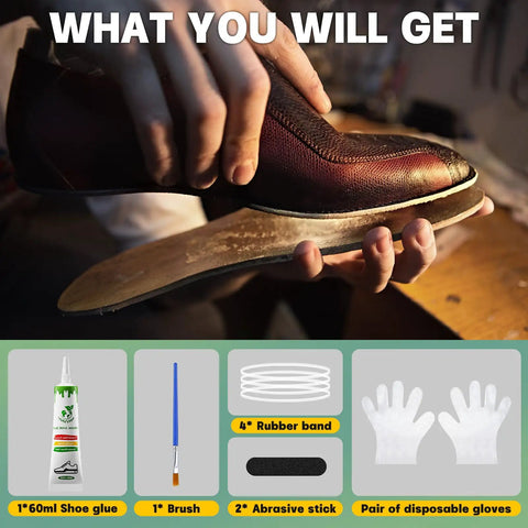 Person repairing shoe sole using Heavy Duty Shoe Repair Glue For Sneakers And Boots Waterproof Clear Flexible Adhesive That Bonds Ultra Strong And Will Not Crack Or Peel Dries Clear For Long Lasting Sole Repairs with additional tools like brush, rubber band, and gloves.