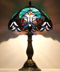 Green Tiffany Style Stained Glass Table Lamp 12 Inch Shade 18 Inch Tall Reading Desk Light Brings Cozy Vibe To Bedroom Or Living Room Nightstand Decor UL Listed With On Off Cord Switch