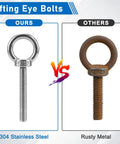 Comparison of 304 stainless steel and rusty metal eye bolts, featuring Six Pack M6 Stainless Steel Eye Bolts with Nuts, 2 Inch Thread Length
