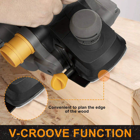 Hands using Beefy Seven Point Five Amp Corded Electric Planer with V-groove function on wooden surface edge EP01