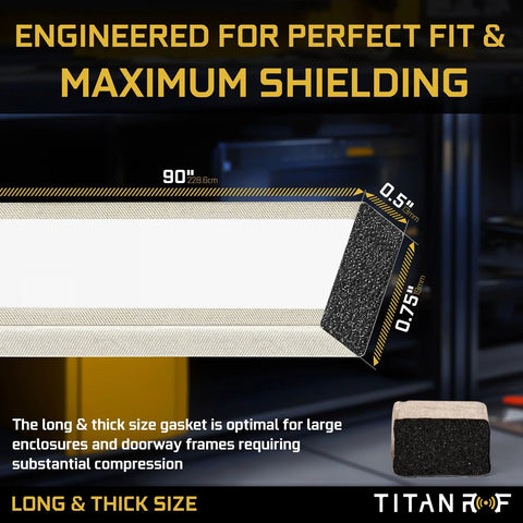 TitanRF Faraday foam gasket strip with adhesive-backed conductive fabric; 90 in long, 0.75 in wide, 0.5 in high for RF enclosures