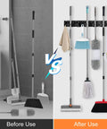 Before and after using Broom And Mop Organizer Wall Mount 2 Pack With 5 Ball Slots And 6 Hooks Black Space Saver Cleaning Tools Organizer for Kitchen Garage Laundry Room Keeps Your Space Clean And Tidy