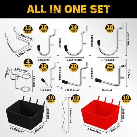 Ultimate Pegboard Organizer Kit With 297 Pieces includes hooks and bins for 1/8" or 1/4" pegboards, shown in set layout.