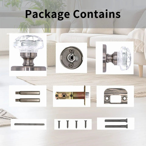 Crystal Privacy Glass Door Knobs With Locking Mechanism In Silver Vintage Style Interior Door Handles For Bedroom And Bath No Fuss Privacy Turn Lock For Quick Lock And Unlock Modern Indoor Door Hardware Set showing contents in a living room setting.